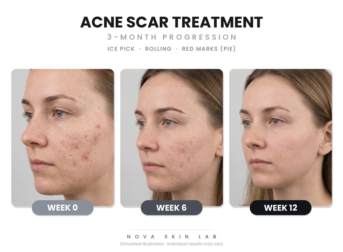 Acne scar 3-month progression illustration — ice pick, rolling, and red marks (PIE)