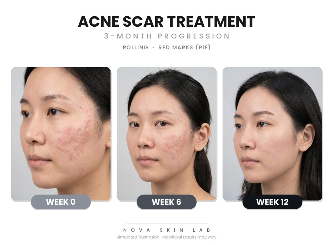 Acne scar 3-month progression illustration — rolling scars and red marks (PIE)