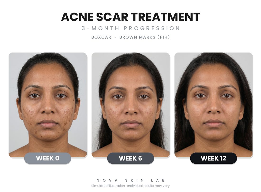 Acne scar 3-month progression illustration — boxcar scars and brown marks (PIH)