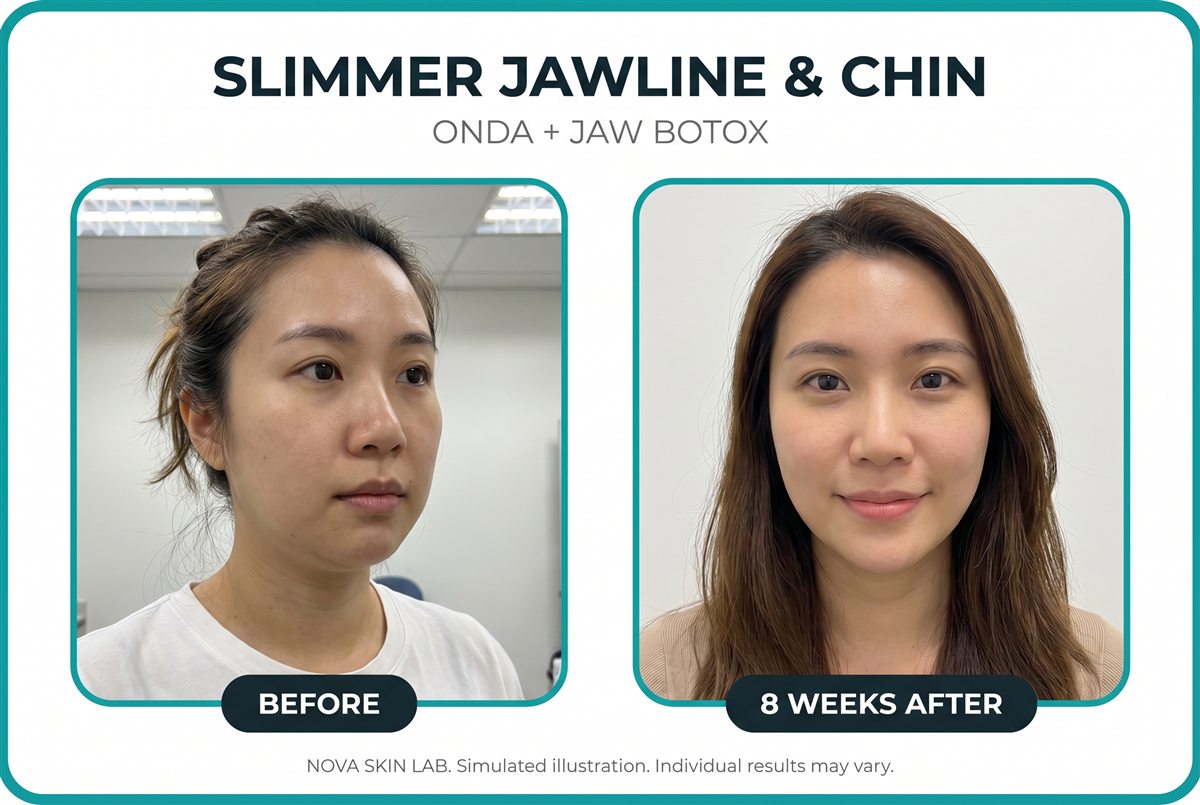 Before and after — Slimmer Jawline & Chin with ONDA and jaw Botox
