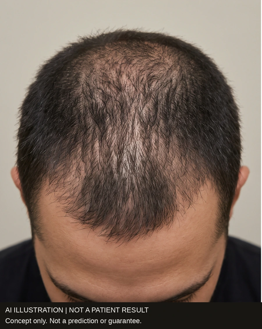 Visible scalp from mild-to-moderate crown thinning