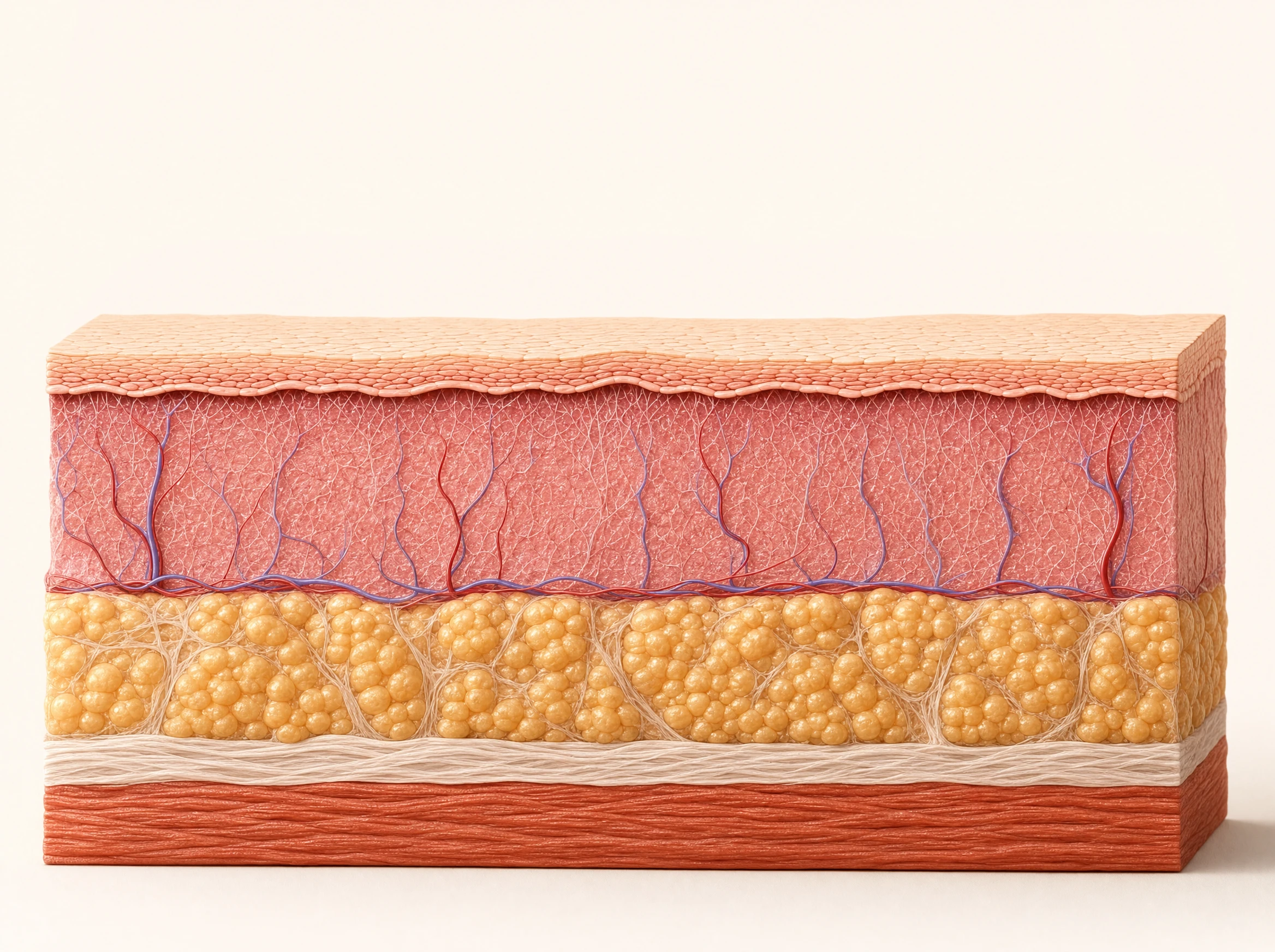 Illustrated skin cutaway showing the epidermis, dermis, subcutaneous fat, supporting fascia and muscle